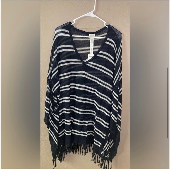Zenergy Chico’s Rebekah Fringe Navy Striped Poncho Size Large XL - NWT - Picture 4 of 8